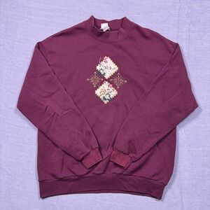 CHIC Womens Mock Neck Sweatshirt Burgundy‎ Floral Embroidered Pullover Top Large